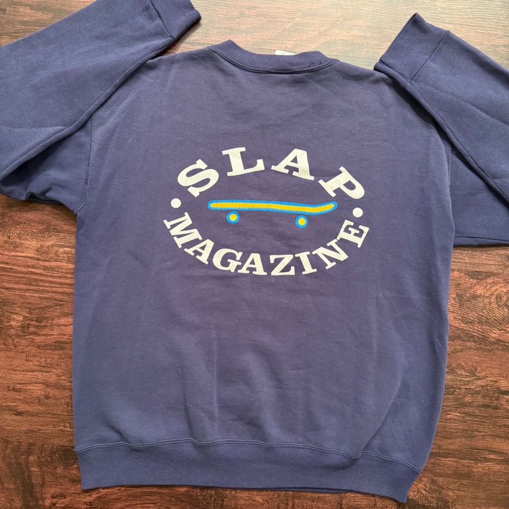 VINTAGE 90s SLAP‎ MAGAZINE SWEATSHIRT CREWNECK BLUE SKATE TEE MEN'S S/M